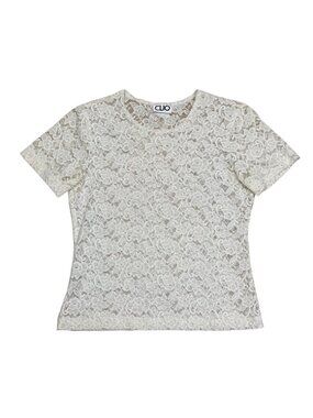 Vintage 90s Clio Sheer Lace Top Womens Medium White Floral Baby Tee Stretch Fitt